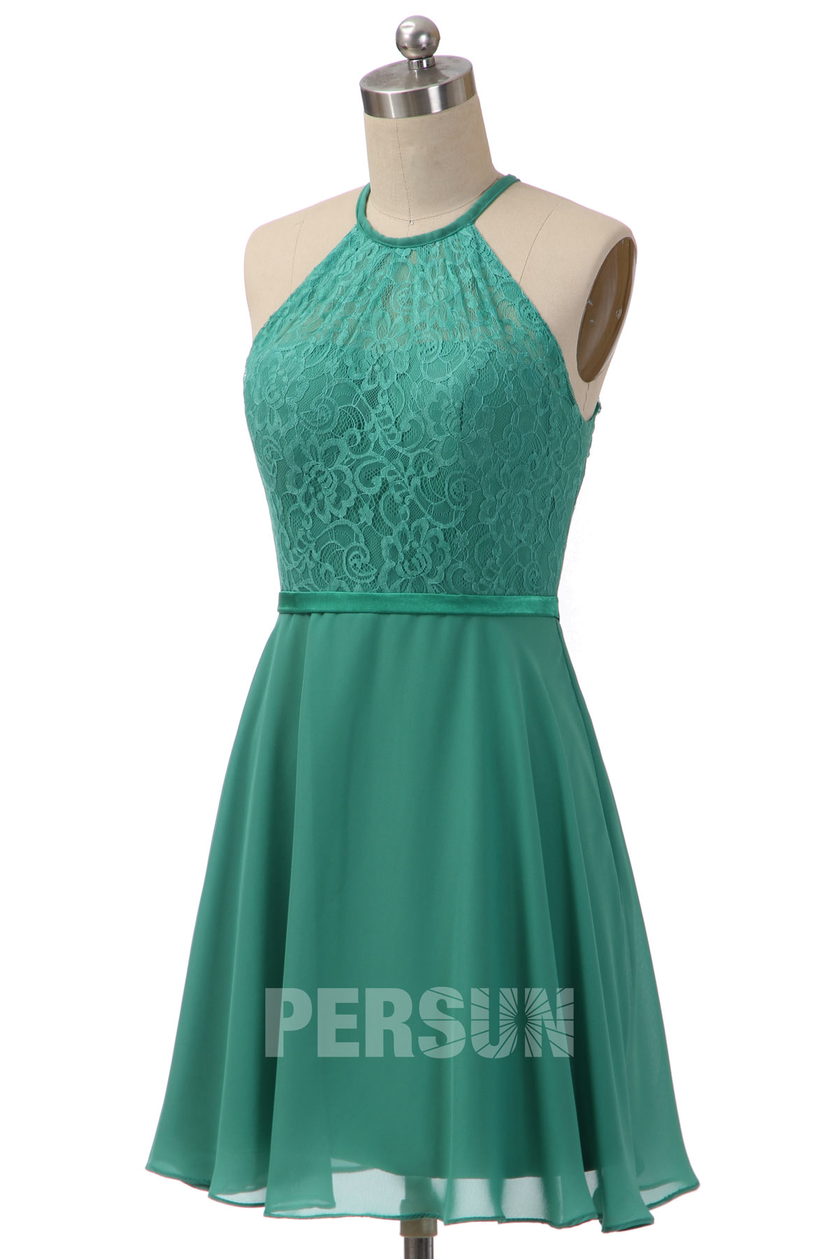 Robe cocktail mariage bleu nuit col illusion en dentelle au genou