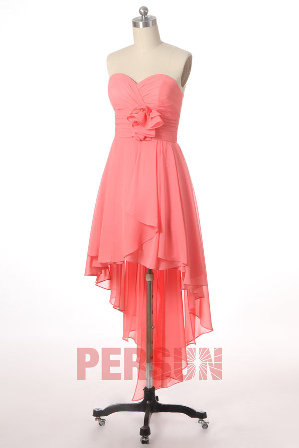 Robe corail pour bal bustier cœur courte devant longue derrière