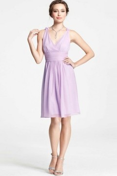 Robe violet courte col V en mousseline pour cérémonie mariage