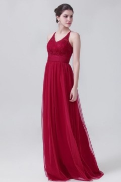 Bohème robe de soirée bordeaux en tulle dos décolleté goutte d'eau