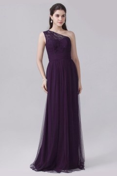 Robe de concert tulle féerique violette col asymétrique appliquée dentelle