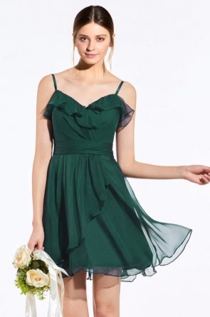 Robe courte vert sapin haut à volants avec bretelles fines pour cocktail mariage