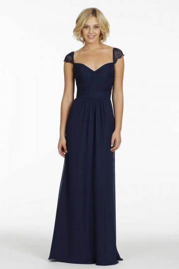 Robe longue soirée élégante décolletée V bleu nuit à mancheron
