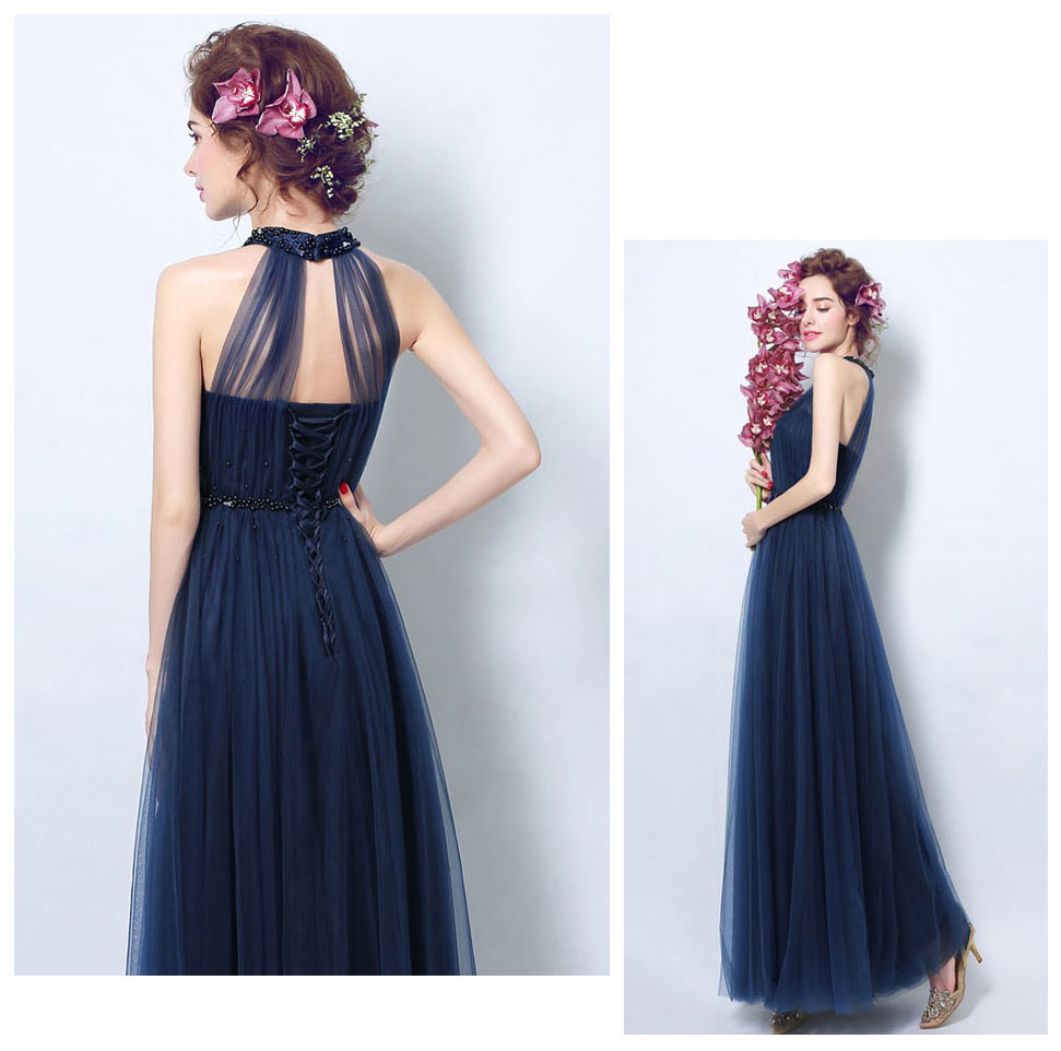 robe de gala longue bleu dos découpé orné de strass