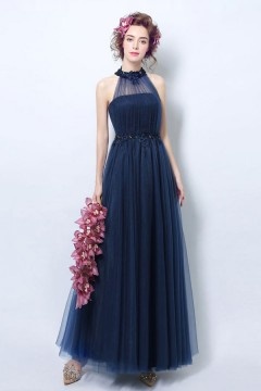 Robe cérémonie mariage bleu marine longue encolure illusion