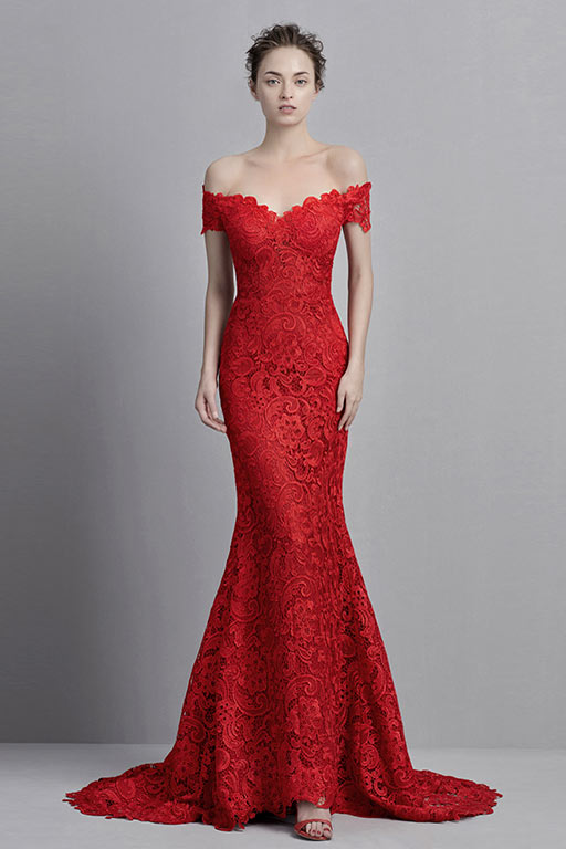 Robe de cérémonie rouge sirène à épaule dénudée en dentelle