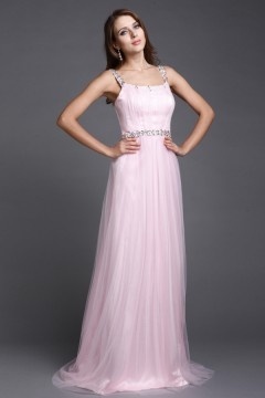 Robe de soirée rose longue pour mariage en tulle orné de paillettes