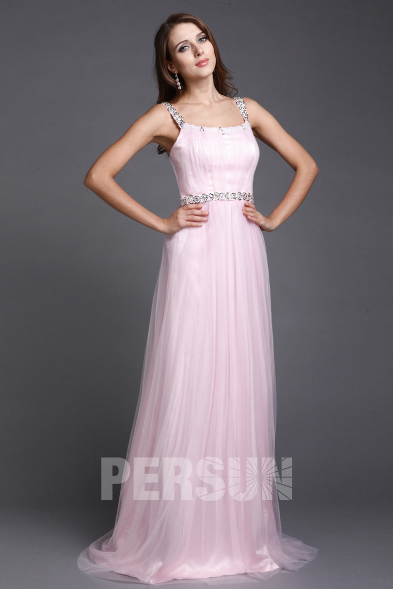 Robe de soirée rose longue pour mariage en tulle orné de paillettes