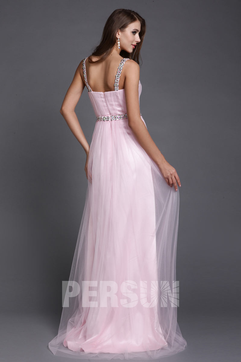 Robe de soirée rose longue pour mariage en tulle orné de paillettes