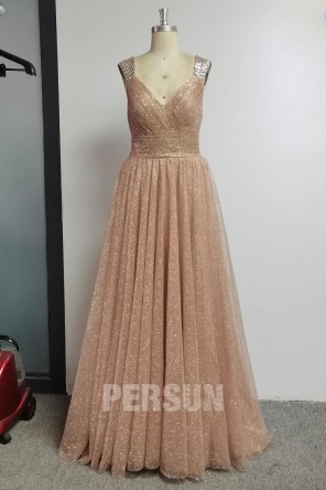 Robe de bal dorée col en V en sequins à mancherons orné de strass