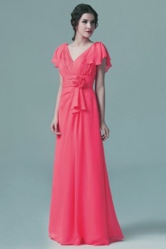 Robe corail bal col V rétro taille ornée de fleurs avec mancherons
