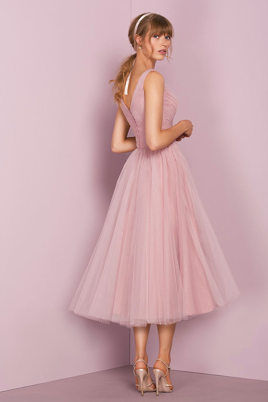 Robe de soirée rose princesse col en V plissé en tulle
