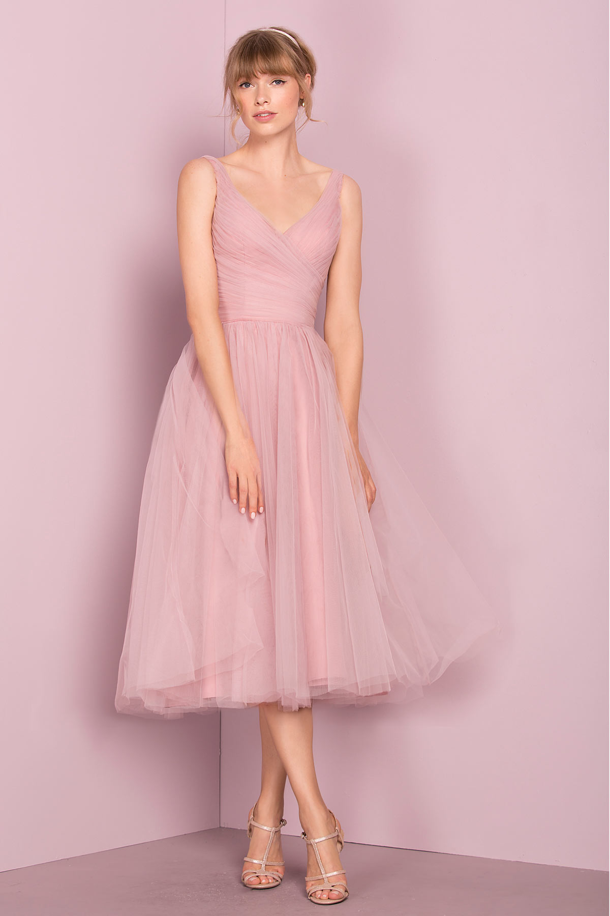 Robe de soirée rose princesse col en V plissé en tulle