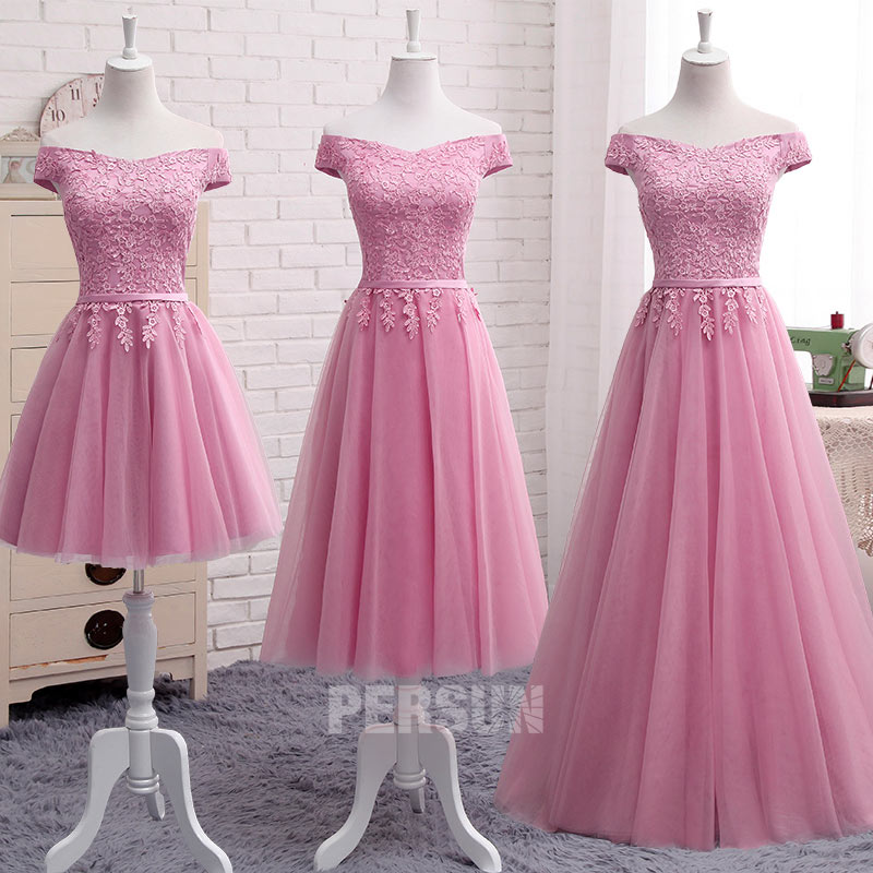 robe de soirée rose épaule dénudé appliqué de dentelle