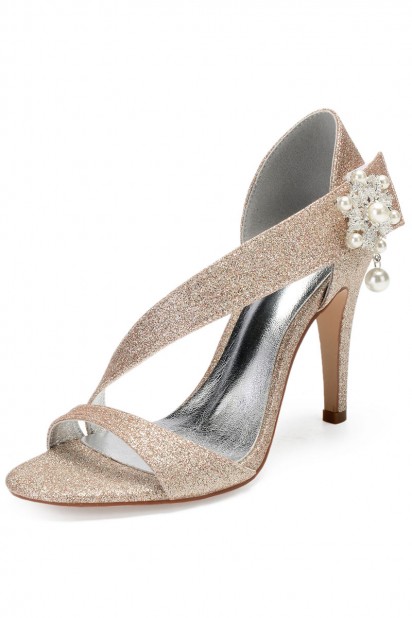 Sandale asymétrique champagne doré dotée de bijoux pour soirée