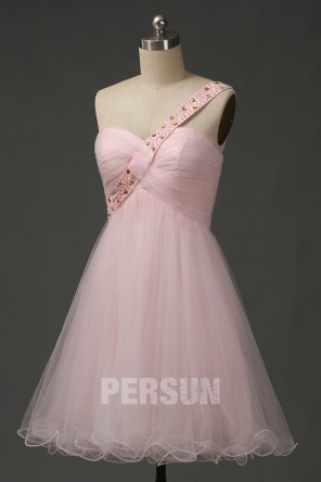 Robe au genou rose pâle asymétrique empire à bretelle strassée