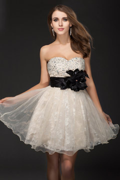 Robe bal bustier stras ceinturée avec applique