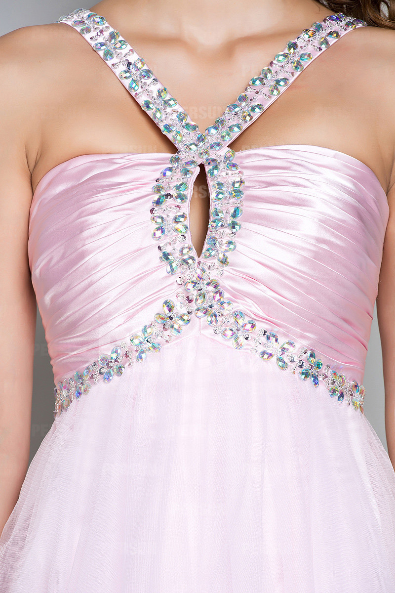 Robe cocktail bal courte avec bretelle ornée de bijoux