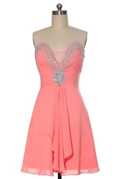 Robe bal rose courte décorée de bijoux sans bretelle
