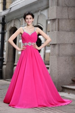 Robe longue rose bonbon plissée col en V avec bretelles strassées