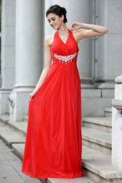 Rétro Robe habillée col halter longue empire mousseline rouge