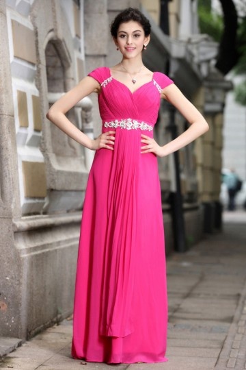 Elégante robe de soirée rose bonbon plissée à mancherons