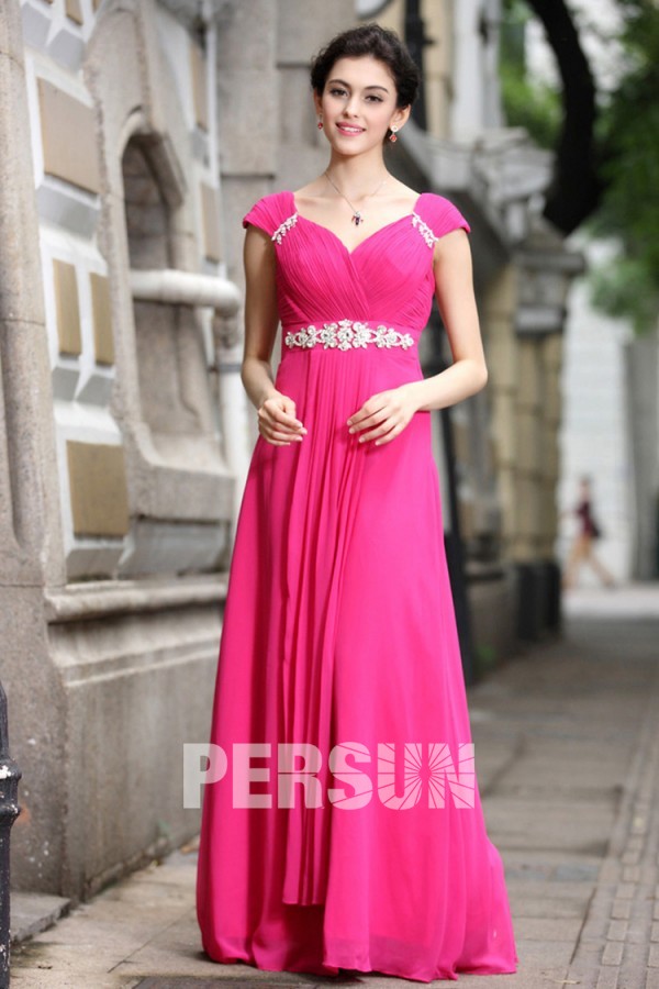 Elégante robe de soirée rose bonbon plissée à mancherons