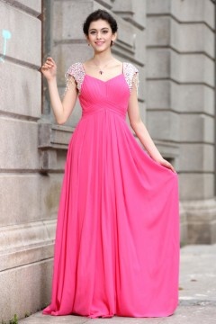 Robe rose fuchsia longue plissée à mancherons bijoutés