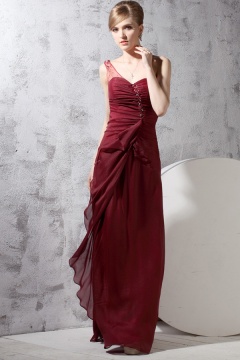 Robe de soirée bordeaux asymétrique bustier plissée & bijoutée mousseline
