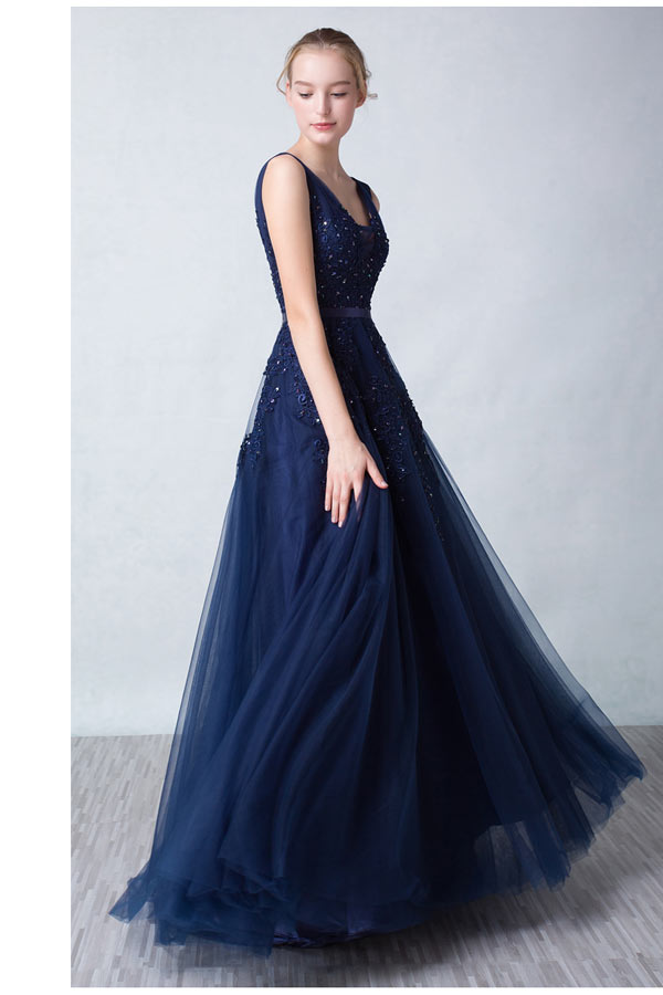 Princesse robe de soirée bleu nuit longue appliquée de dentelle