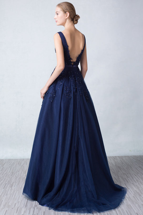 Princesse robe de soirée bleu nuit longue appliquée de dentelle