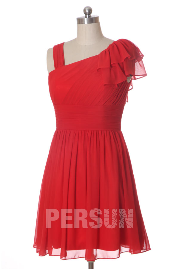 Robe bal plissée courte col asymétrique en mousseline