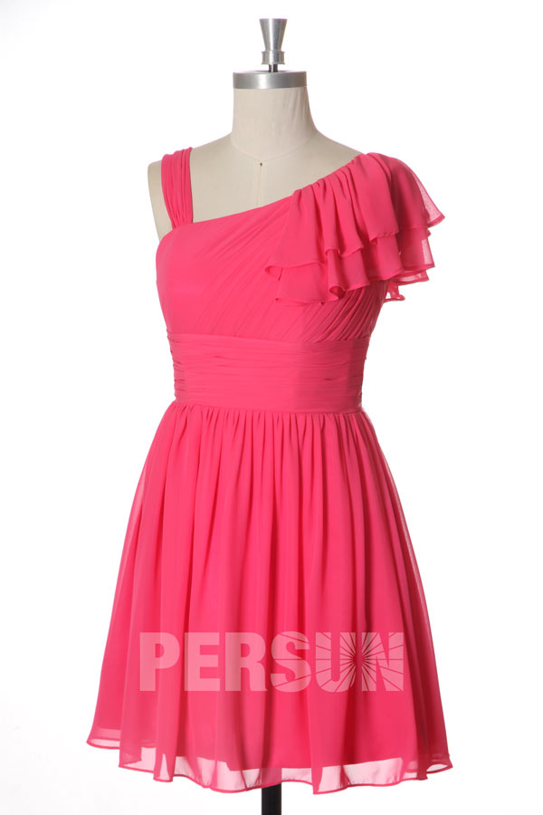 Robe bal plissée courte col asymétrique en mousseline