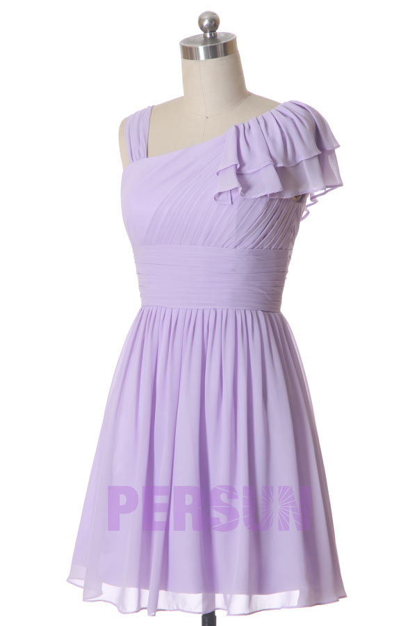 Robe bal plissée courte col asymétrique en mousseline