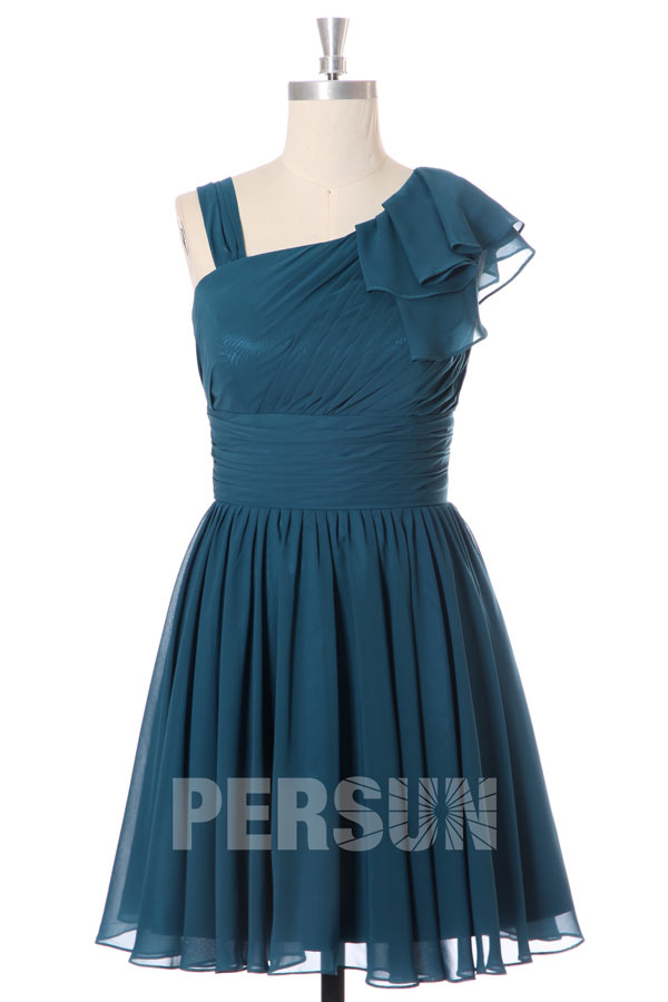 Robe bal plissée courte col asymétrique en mousseline