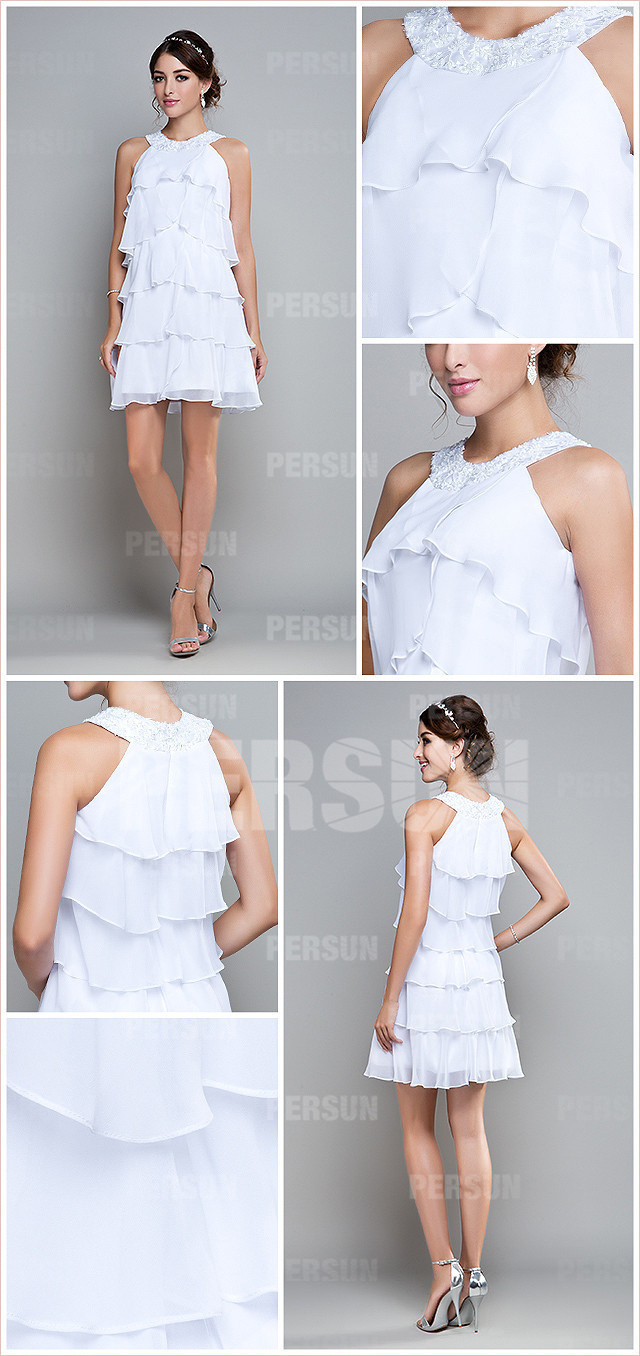 robe de cocktail blanche courte à volant avec col perlé