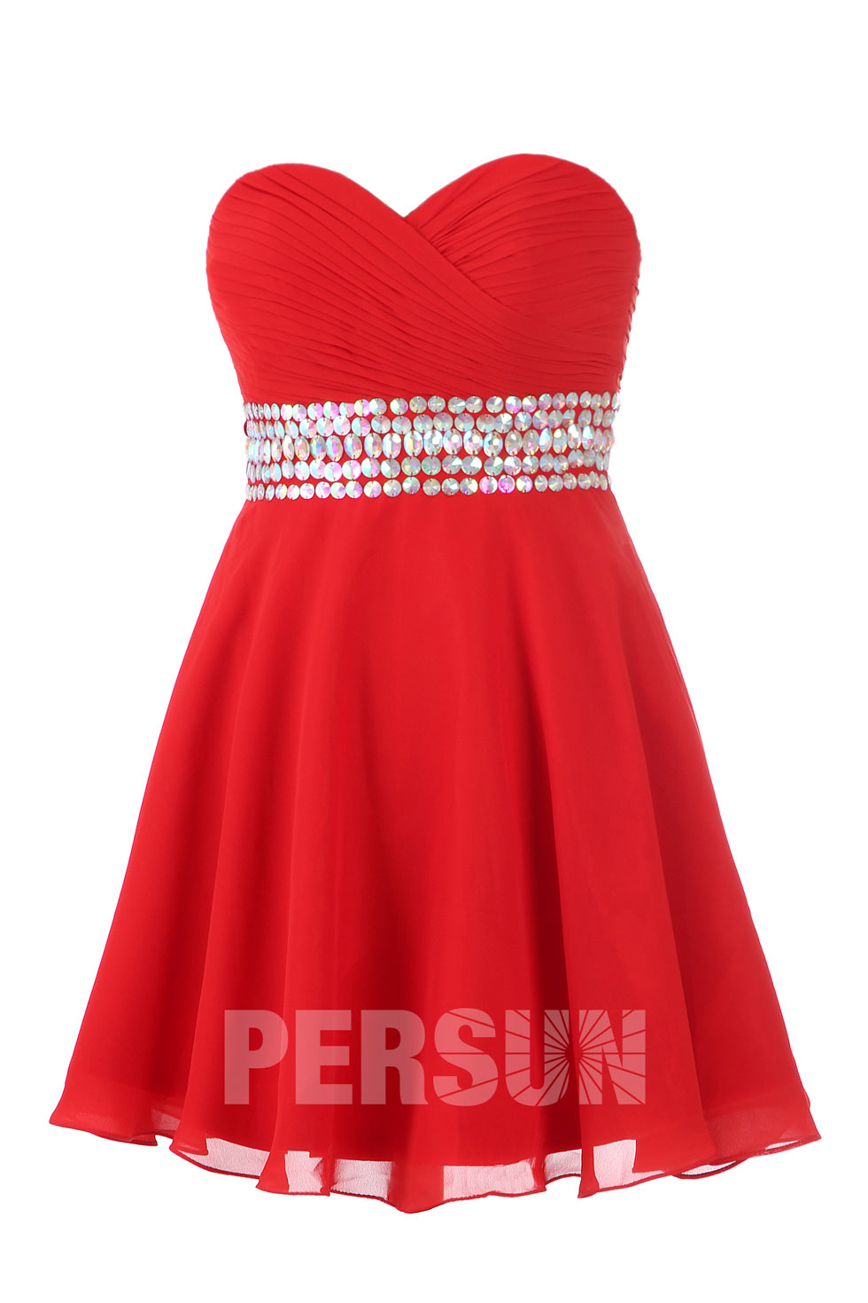 Robe de cocktail rouge plissée courte ornée de strass