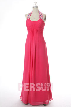 Robe rose fuchsia empire col halter ornée de strass