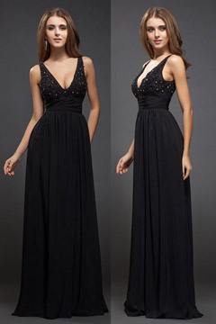 Robe soirée noire longue sol stras col V