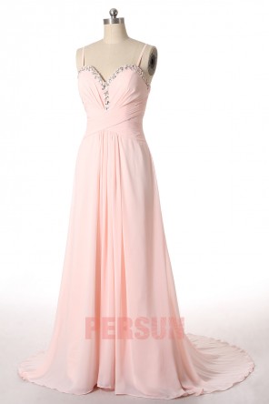 Robe longue de bal rose pâle plissée bustier à paillettes aux fines bretelles