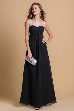 Robe bal noire longue au sol encolure transparente