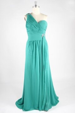 Robe bal plissée longue sol épaule asymétrique avec ouverture latérale