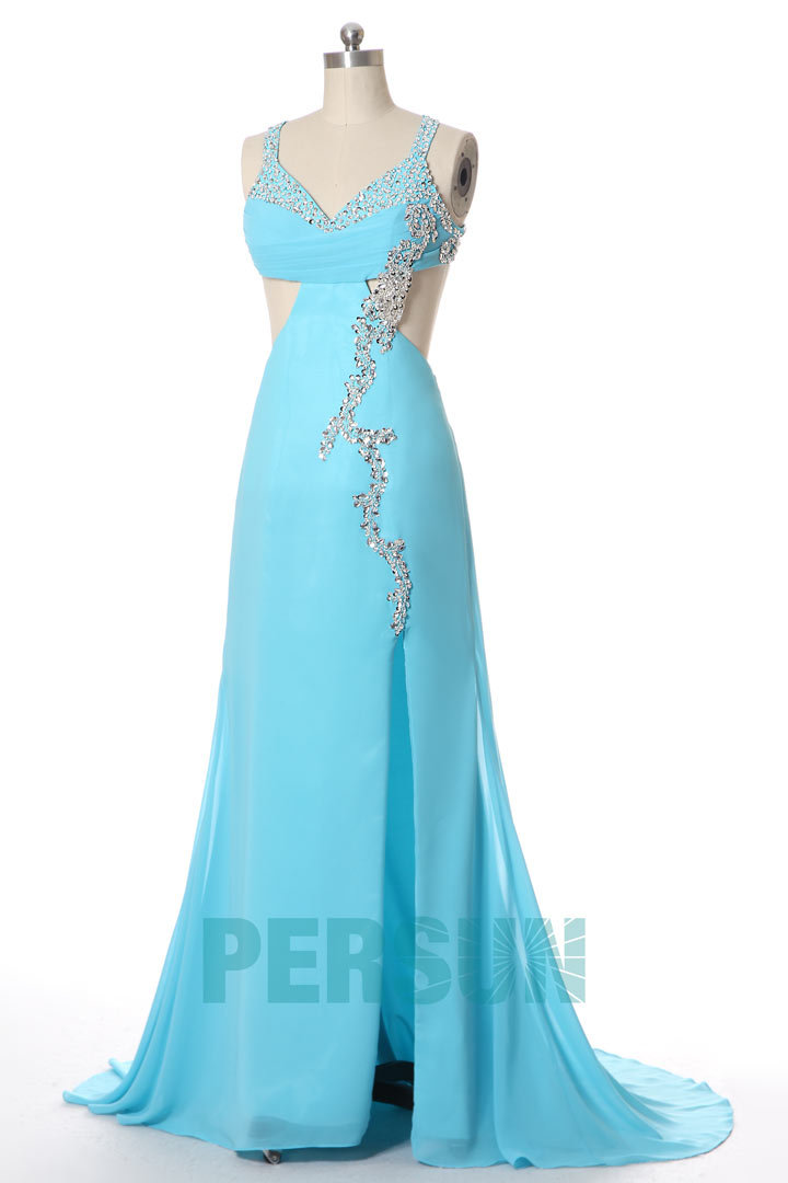 Robe sexy rose ornée de bijoux avec fente frontale
