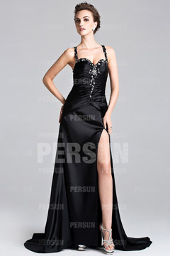 Robe bal noire sexy avec bretelles fines et ouverture latérale
