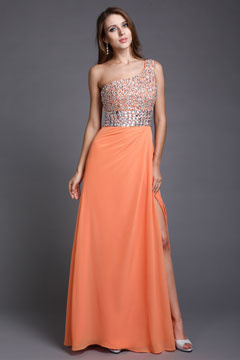Robe bal longue stras épaule asymétrique avec ouverture latérale