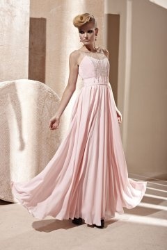Robe soirée rose en mousseline bustier coeur ornée