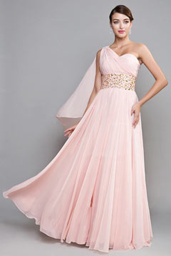 Robe bal longue sol en tencel rose stras épaule asymétrique