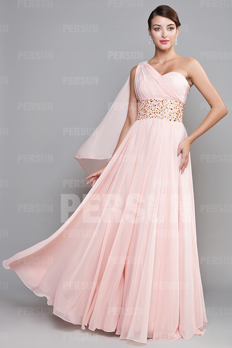 Robe bal longue sol en tencel rose stras épaule asymétrique