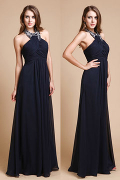 Robe soirée longue chic à encolure perlée