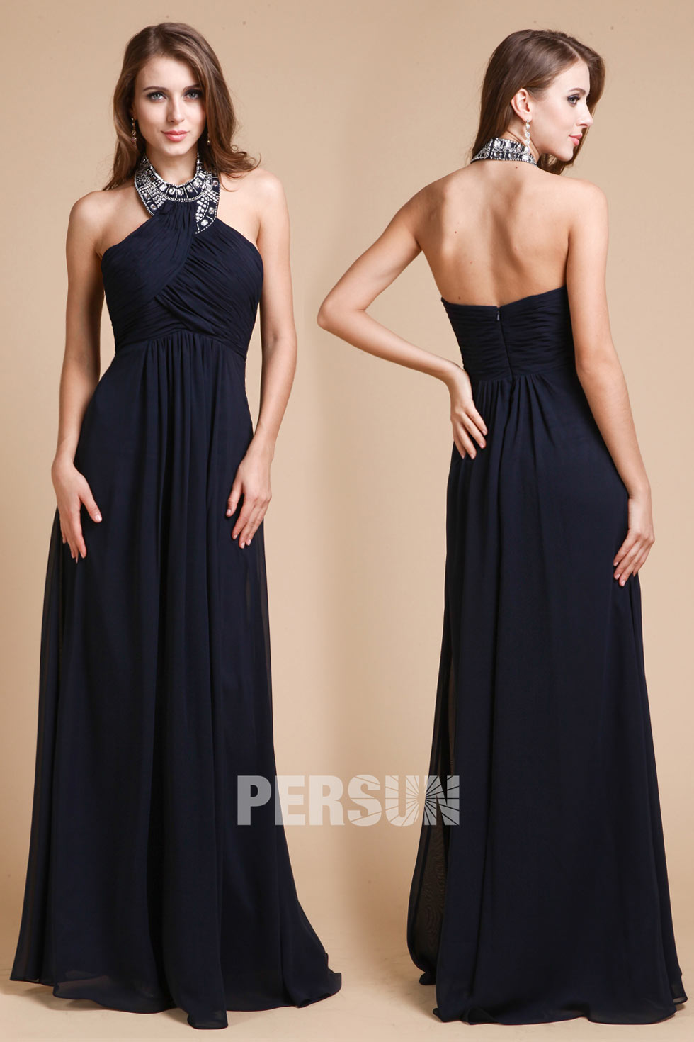 Robe soirée longue chic à encolure perlée